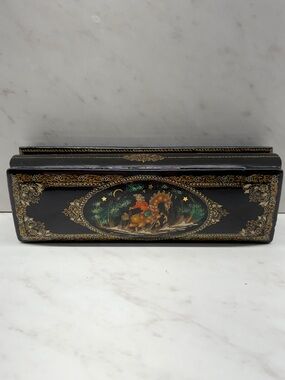 Hand-Painted Russian Black Lacquer Decorative Box with Gold Accent With Words